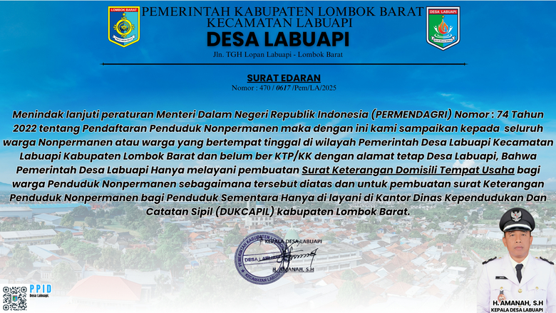 Pemerintah Desa Labuapi Terbitkan Surat Edaran Terkait Pelayanan Administrasi Kependudukan Nonpermanen